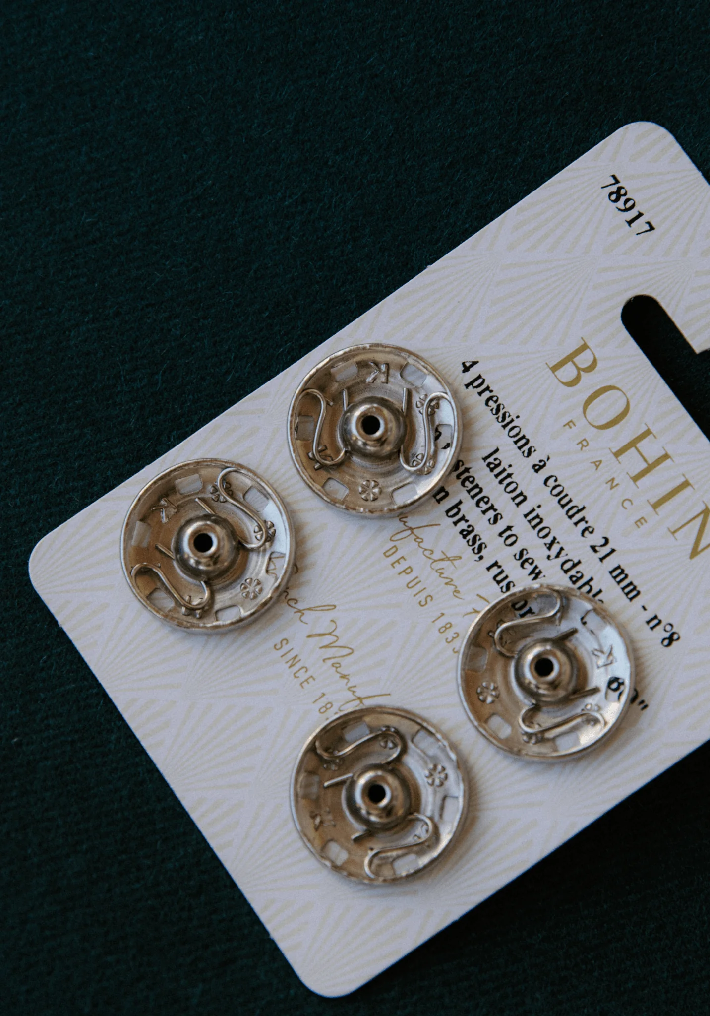 Boutons pression à coudre Bohin – 21 mm (Argent) – lot de 4